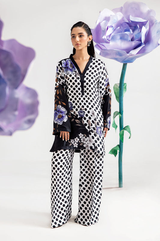 White Polka Dot Digital Printed Silk 2-Piece Co-ord Set | Shirt & Straight Pants – Stitched Pakistani Casual Chic UK | AP-110 - View 1
