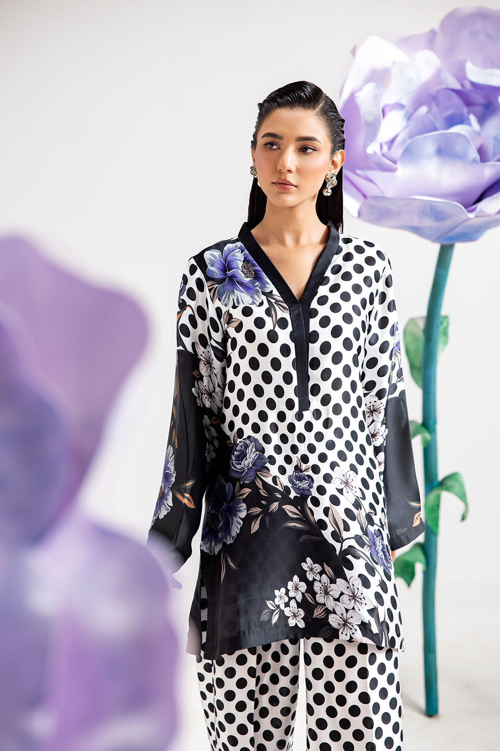 White Polka Dot Digital Printed Silk 2-Piece Co-ord Set | Shirt & Straight Pants – Stitched Pakistani Casual Chic UK | AP-110 - View 2