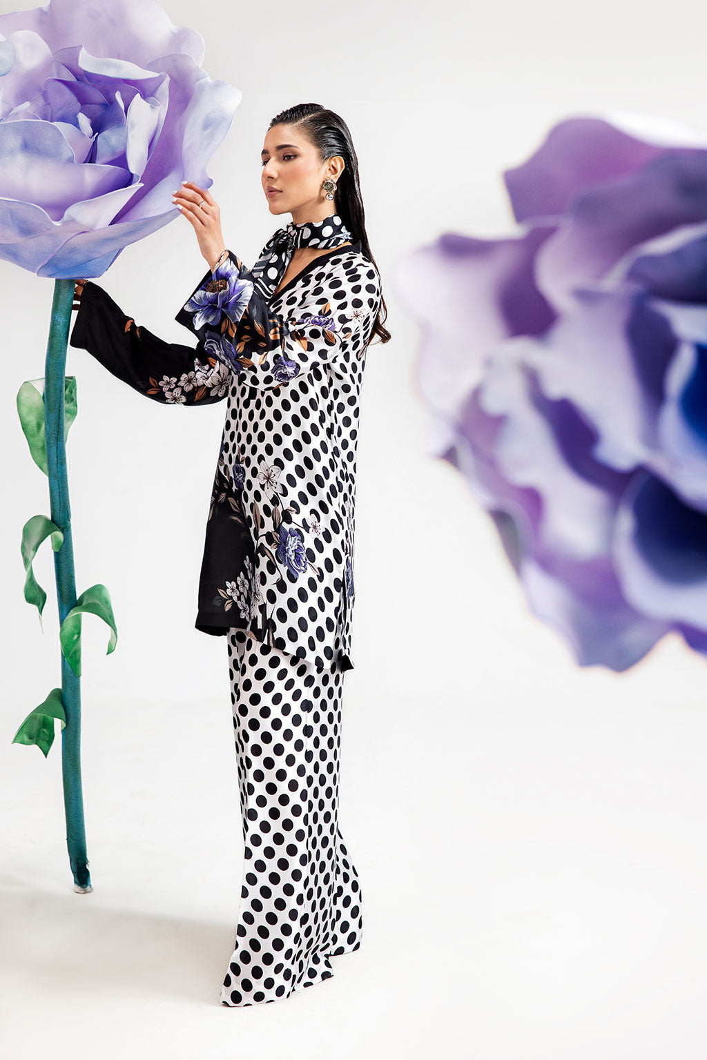 White Polka Dot Digital Printed Silk 2-Piece Co-ord Set | Shirt & Straight Pants – Stitched Pakistani Casual Chic UK | AP-110 - View 3
