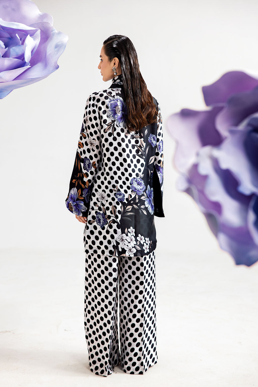 White Polka Dot Digital Printed Silk 2-Piece Co-ord Set | Shirt & Straight Pants – Stitched Pakistani Casual Chic UK | AP-110 - View 4