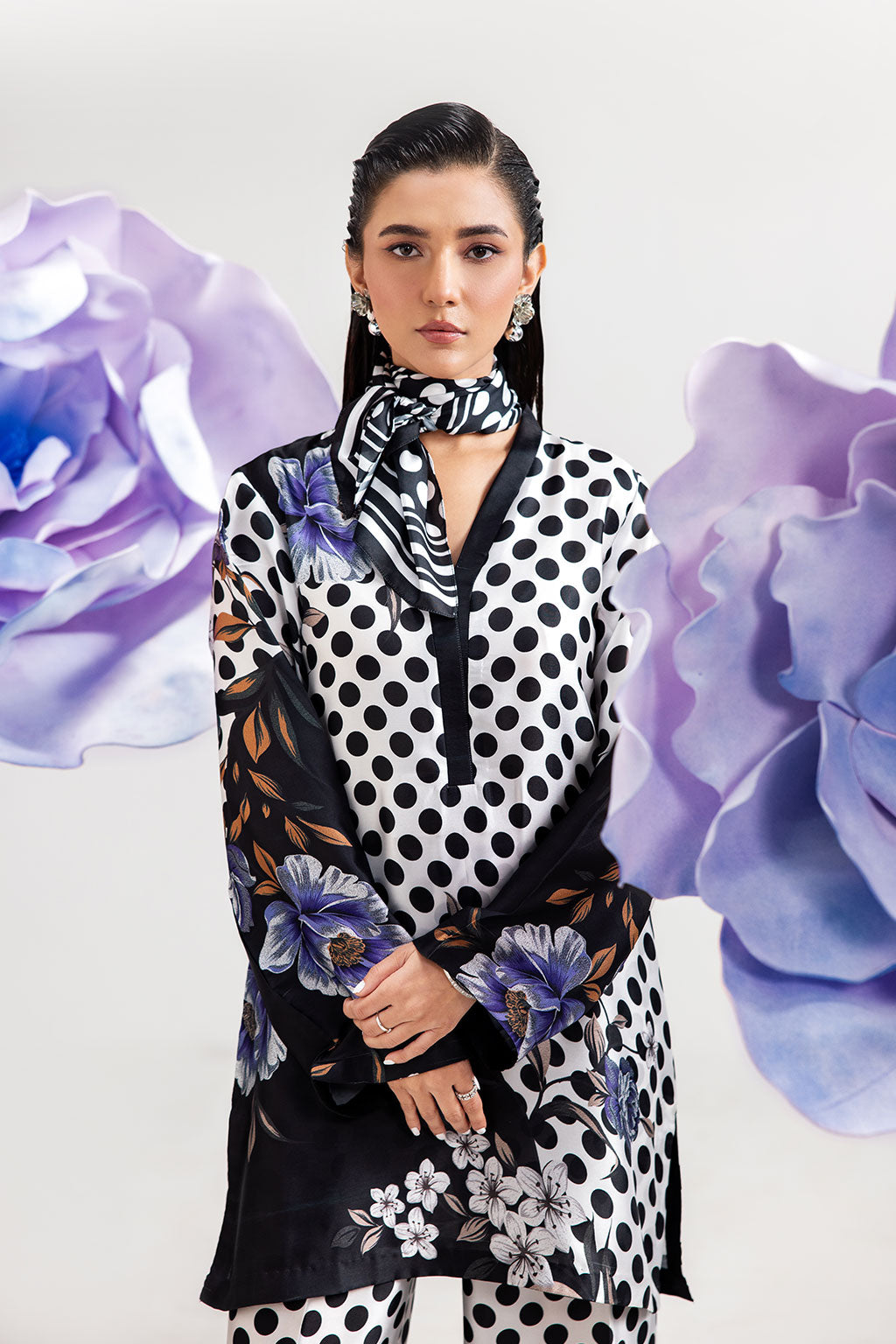 White Polka Dot Digital Printed Silk 2-Piece Co-ord Set | Shirt & Straight Pants – Stitched Pakistani Casual Chic UK | AP-110 - View 5