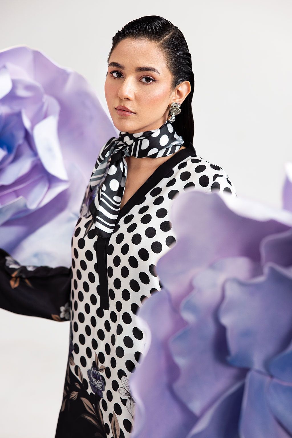 White Polka Dot Digital Printed Silk 2-Piece Co-ord Set | Shirt & Straight Pants – Stitched Pakistani Casual Chic UK | AP-110 - View 6
