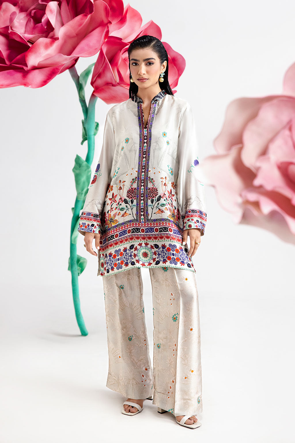 Pearl White Digital Printed Silk 2-Piece Co-ord Set | Shirt & Straight Pants – Ready to Wear Pakistani Casual UK | AP-108 - View 1