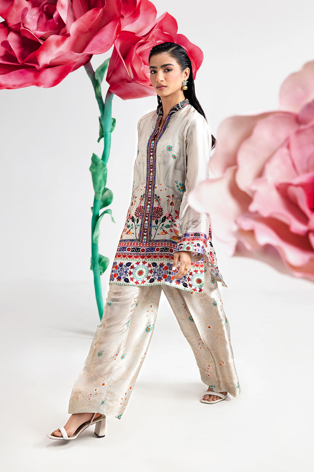 Pearl White Digital Printed Silk 2-Piece Co-ord Set | Shirt & Straight Pants – Ready to Wear Pakistani Casual UK | AP-108 - View 2