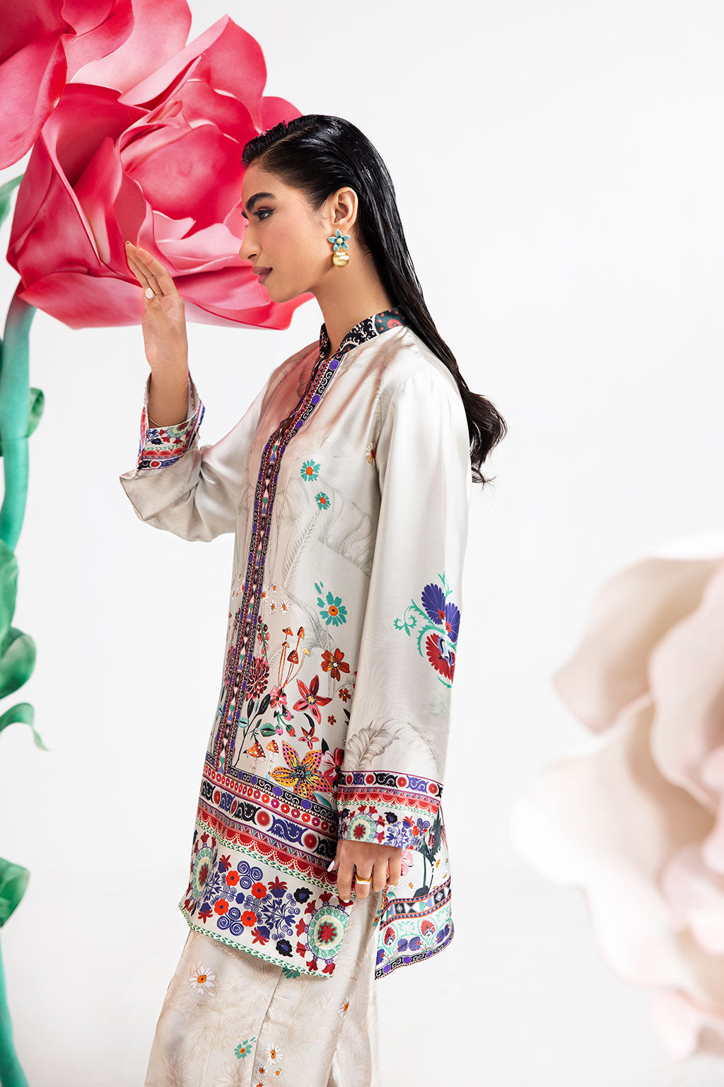 Pearl White Digital Printed Silk 2-Piece Co-ord Set | Shirt & Straight Pants – Ready to Wear Pakistani Casual UK | AP-108 - View 3