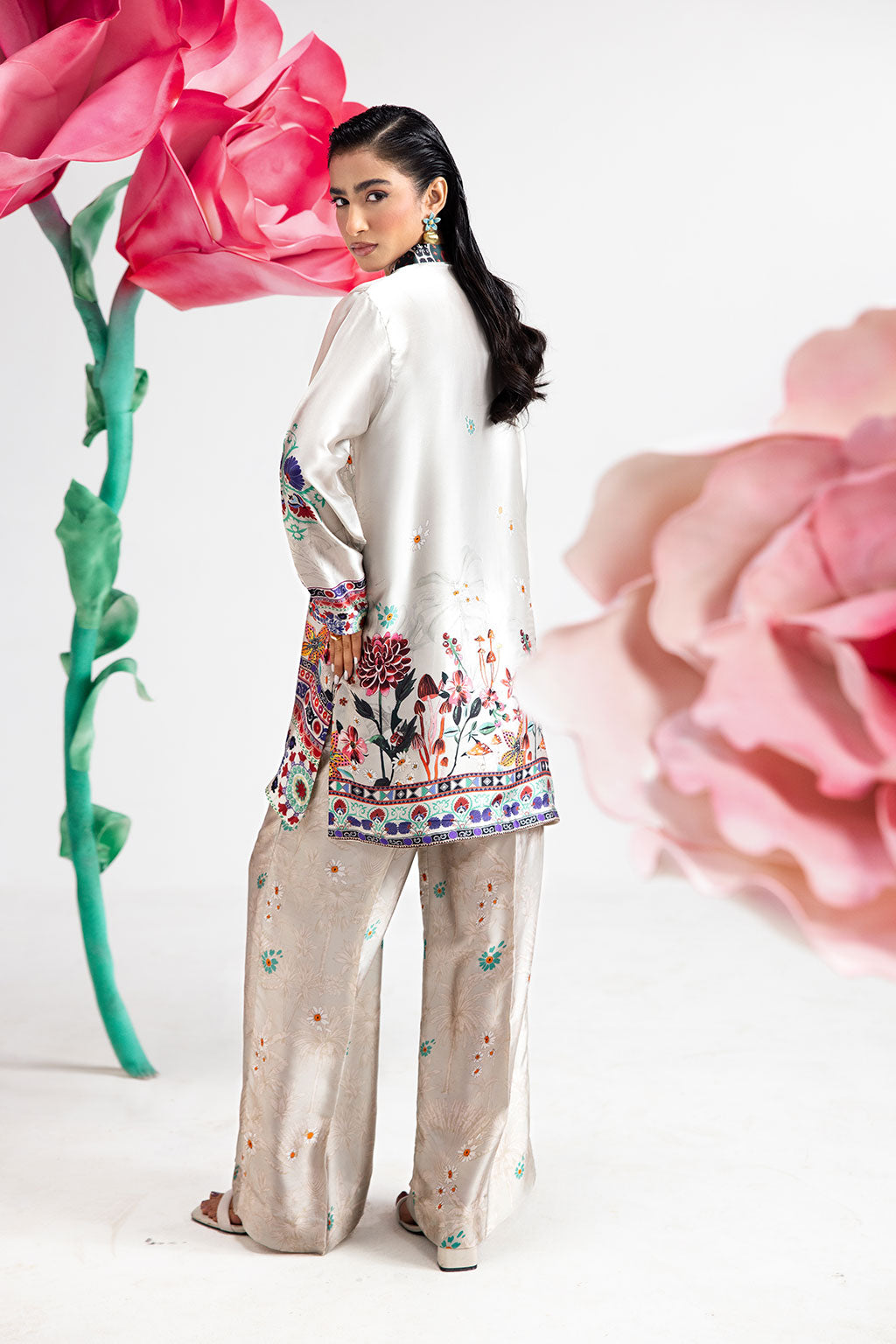 Pearl White Digital Printed Silk 2-Piece Co-ord Set | Shirt & Straight Pants – Ready to Wear Pakistani Casual UK | AP-108 - View 4