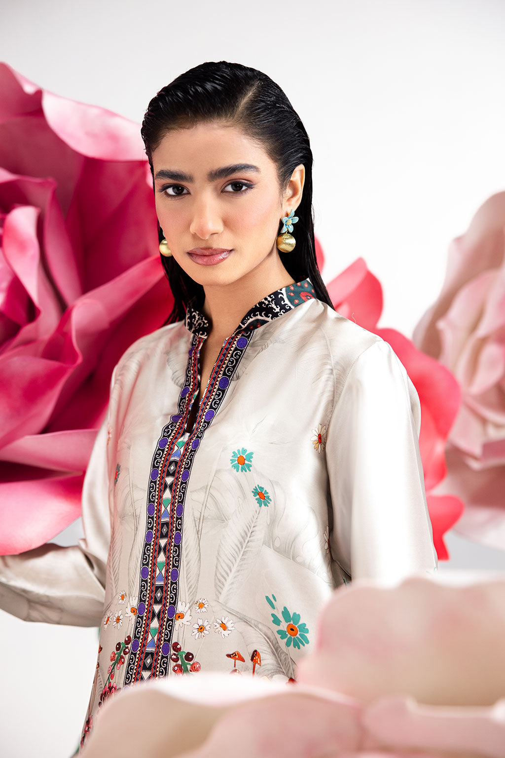 Pearl White Digital Printed Silk 2-Piece Co-ord Set | Shirt & Straight Pants – Ready to Wear Pakistani Casual UK | AP-108 - View 6