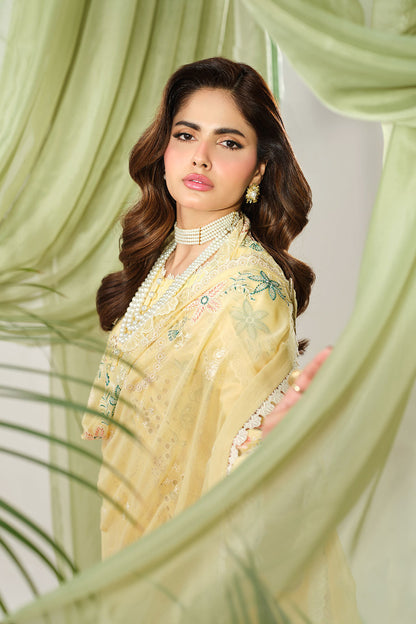Yellow Embroidered Lawn 3-Piece Suit | Organza Lace & Chiffon Dupatta – Stitched Pakistani Daily & Semi-Formal Dress UK | Riwayat Y-1506 - View 6