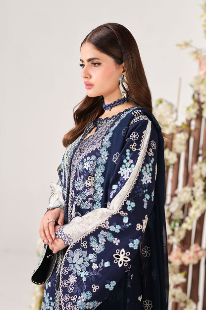 Navy Blue Embroidered Lawn 3-Piece Suit | Organza Lace & Chiffon Dupatta – Ready to Wear Pakistani Daily & Semi-Formal Dress UK | Riwayat Y-1507 - View 4