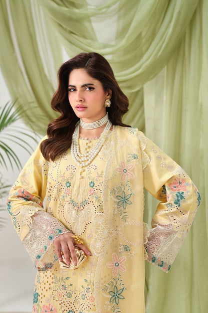 Yellow Embroidered Lawn 3-Piece Suit | Organza Lace & Chiffon Dupatta – Stitched Pakistani Daily & Semi-Formal Dress UK | Riwayat Y-1506 - View 3