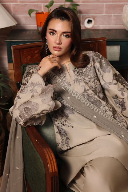 Brown Embroidered Lawn 3-Piece Suit | Organza Lace & Chiffon Dupatta – Stitched Pakistani Daily & Semi-Formal Dress UK | Riwayat AL-301 - View 3
