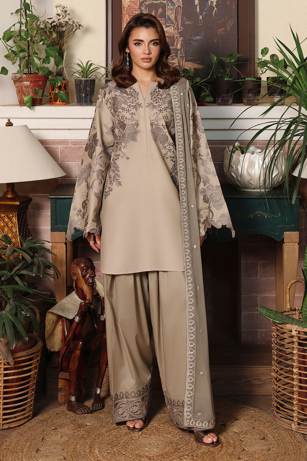 Brown Embroidered Lawn 3-Piece Suit | Organza Lace & Chiffon Dupatta – Stitched Pakistani Daily & Semi-Formal Dress UK | Riwayat AL-301 - View 6