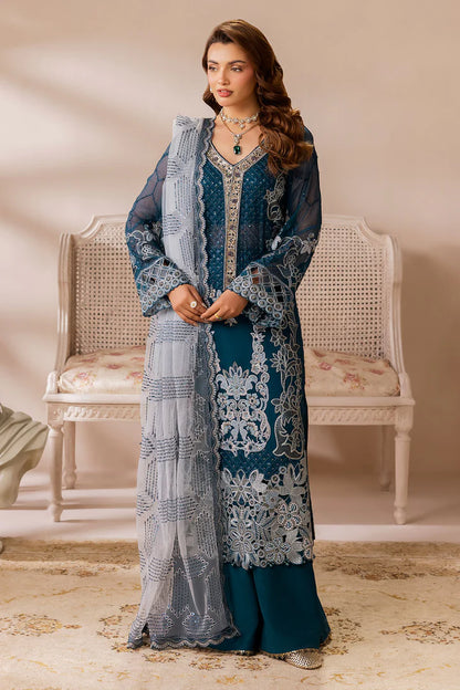 Royal Blue Hand-Embellished Embroidered Chiffon 3-Piece Suit | Net Dupatta & Raw Silk Trouser – Ready to Wear Pakistani Formal Wear UK | Satrangi ST-101 - View 3