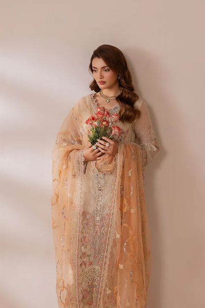 Beige Gold Hand-Embellished Embroidered Chiffon 3-Piece Suit | Net Dupatta & Raw Silk Trouser – Stitched Pakistani Formal Wear UK | Satrangi ST-102 - View 4