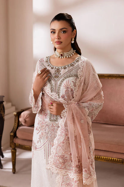 Ivory White Hand-Embellished Embroidered Chiffon 3-Piece Suit | Net Dupatta & Raw Silk Trouser – Readymade Pakistani Formal Wear UK | Satrangi ST-106 - View 5