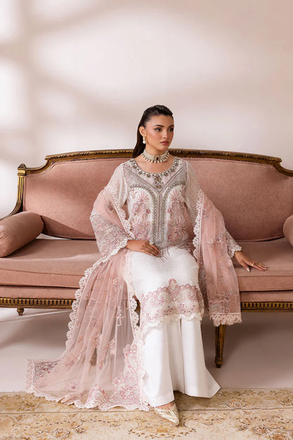 Ivory White Hand-Embellished Embroidered Chiffon 3-Piece Suit | Net Dupatta & Raw Silk Trouser – Readymade Pakistani Formal Wear UK | Satrangi ST-106 - View 7