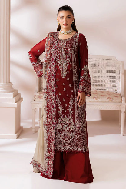 Red Hand-Embellished Embroidered Chiffon 3-Piece Suit | Net Dupatta & Raw Silk Trouser – Readymade Pakistani Formal Wear UK | Satrangi ST-103 - View 1
