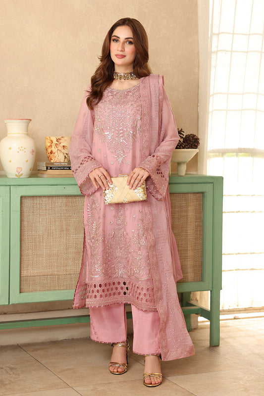 Pink Coral Embroidered Chiffon 3-Piece Suit | Organza Lace & Chiffon Dupatta – Readymade Pakistani Semi-Formal Dress UK | Sonehri BB-201 - View 1