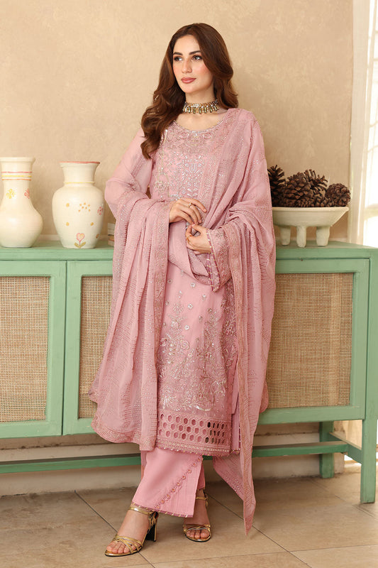 Pink Coral Embroidered Chiffon 3-Piece Suit | Organza Lace & Chiffon Dupatta – Readymade Pakistani Semi-Formal Dress UK | Sonehri BB-201 - View 2