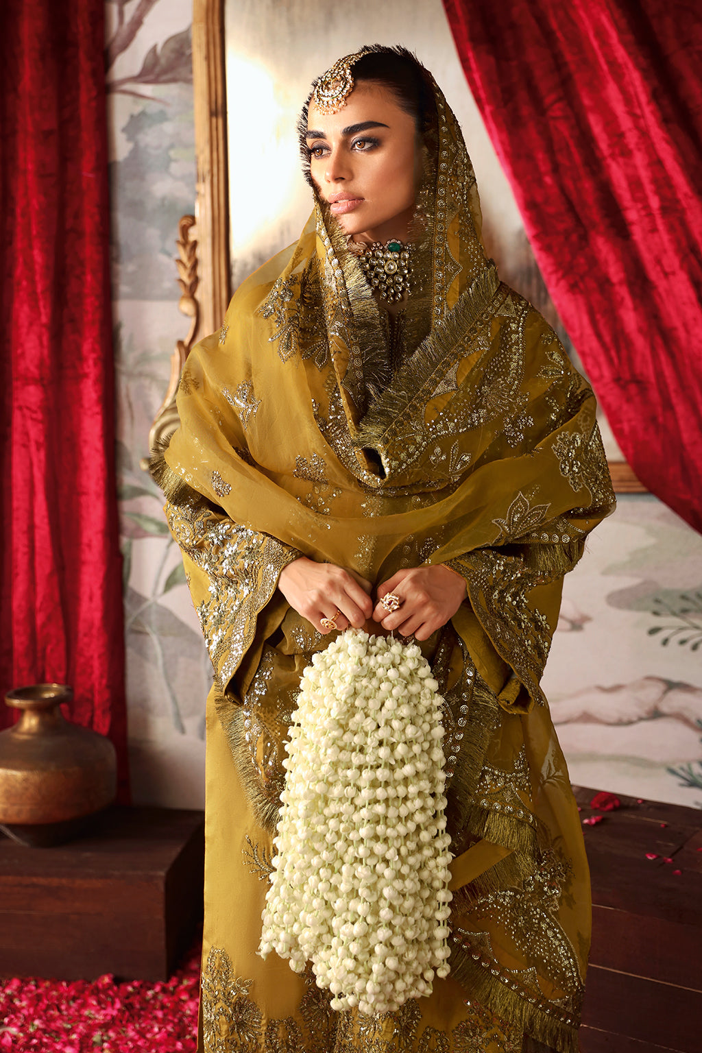 Yellow embroidered raw silk suit with lace detailing - stitched Pakistani partywear
