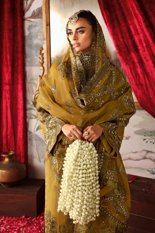 Yellow embroidered raw silk suit with lace detailing - stitched Pakistani partywear